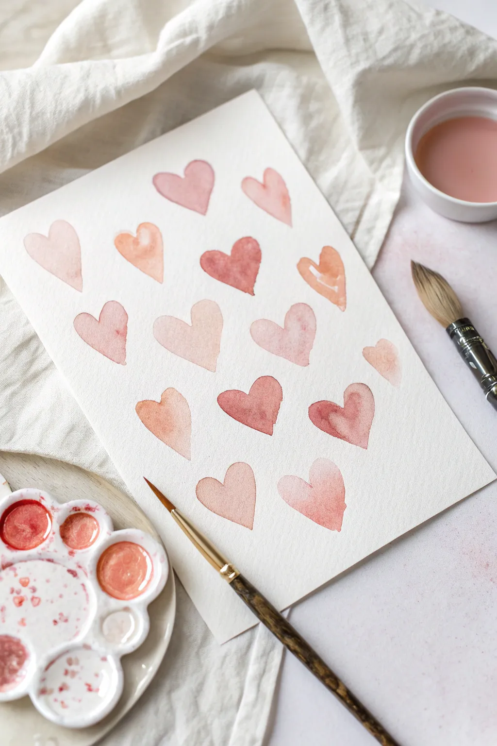 Soft ombre watercolor hearts on crisp paper, minimalist styling with a warm boho touch