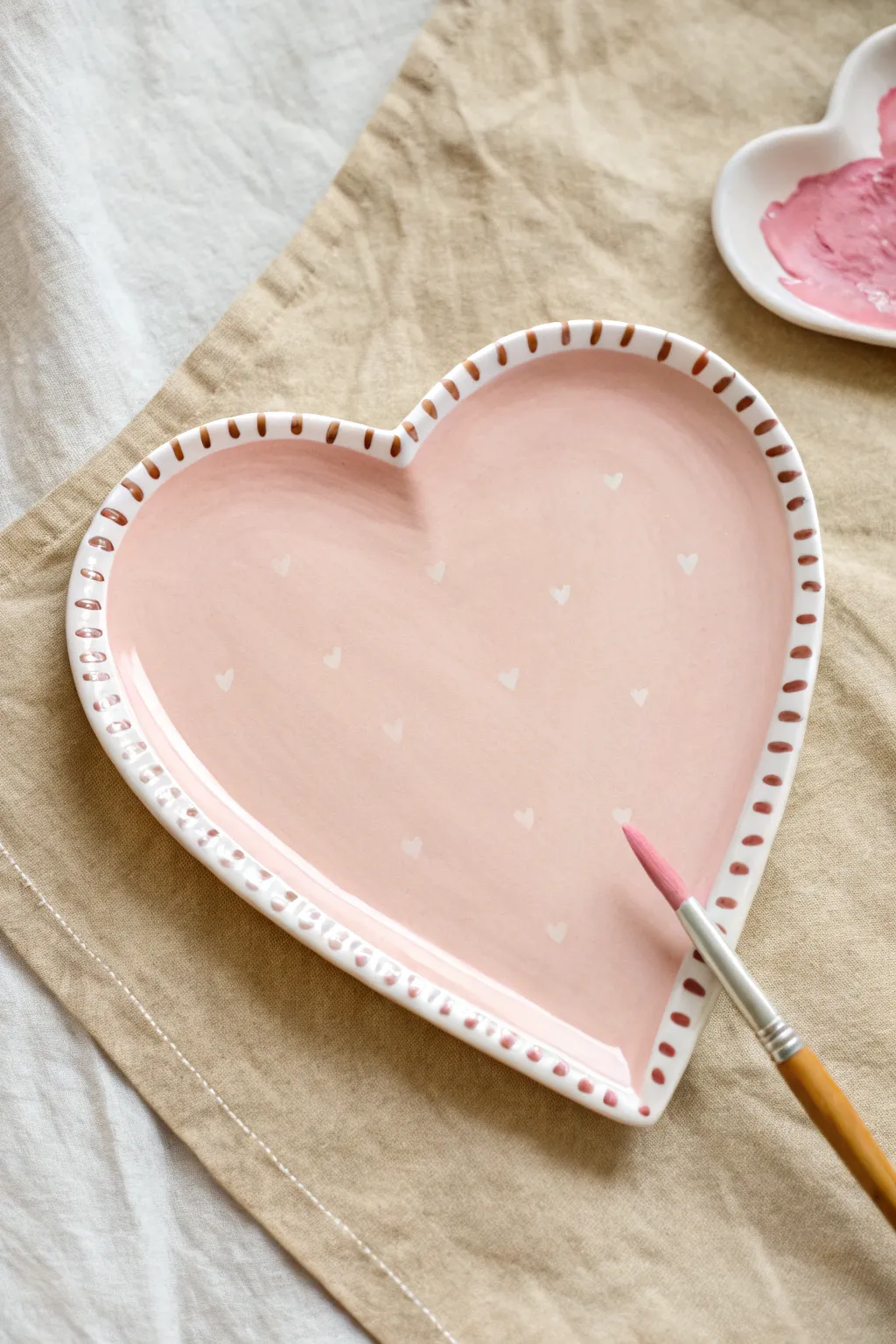 Classic blush pink heart plate with a simple dashed border, minimalist and handmade