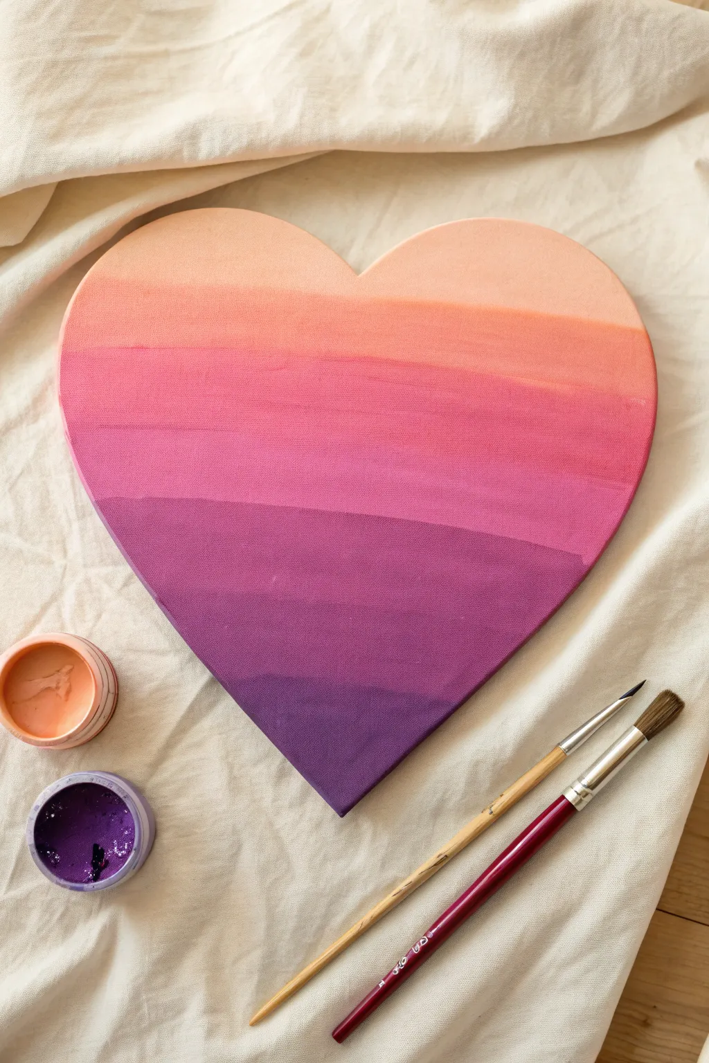 Classic ombre sunset heart canvas, pink to peach to purple, styled minimal with a blending brush.