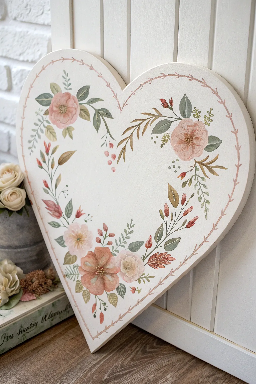 Classic floral border on a heart canvas with a calm center, minimalist Scandinavian boho style
