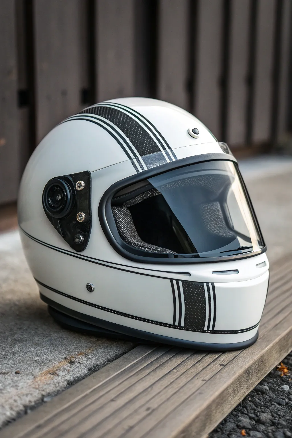 Sleek full-face helmet with classic racing stripes, glossy finish, minimalist studio vibe