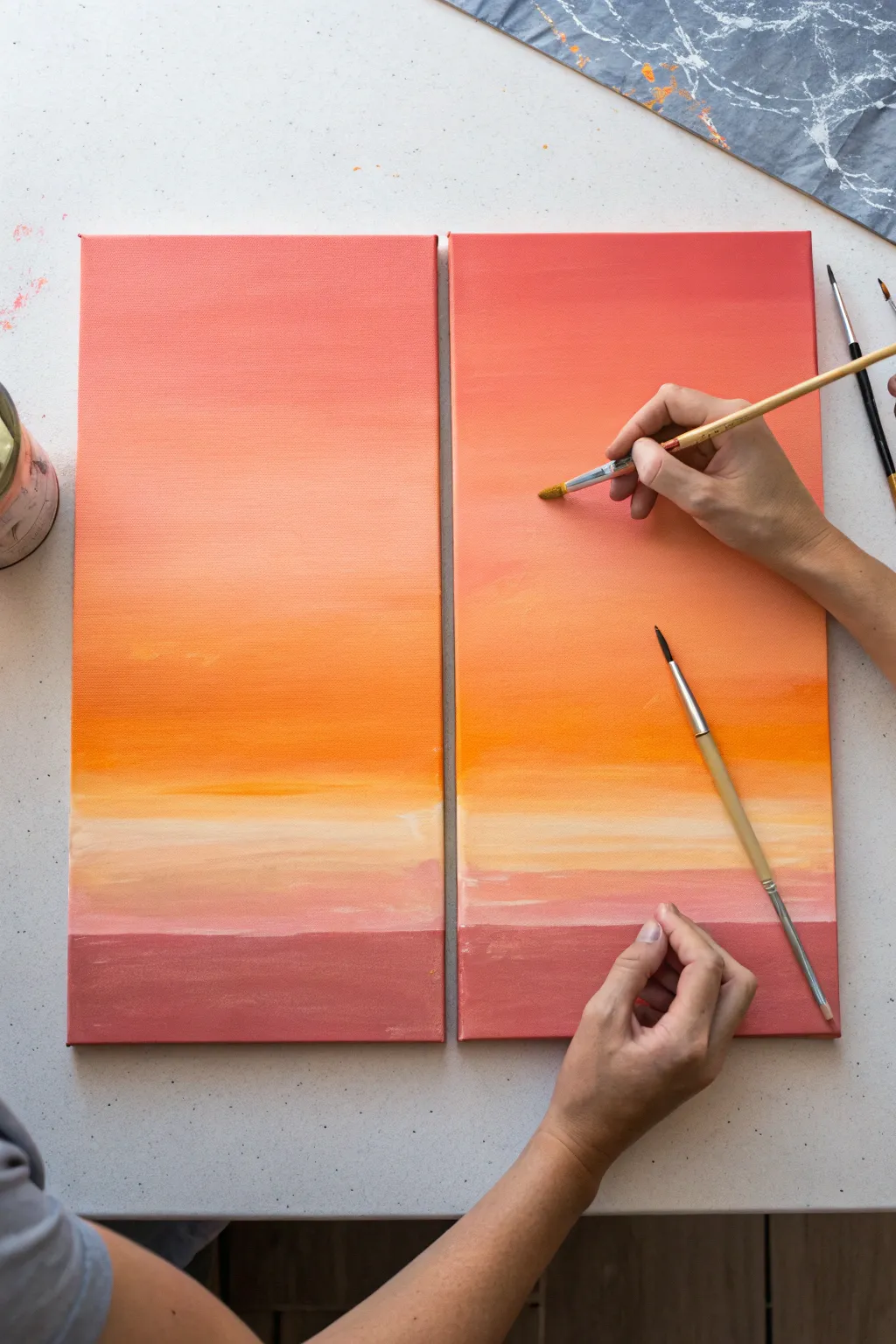Split sunset diptych: two canvases, one horizon, matching warm tones for a his and her set