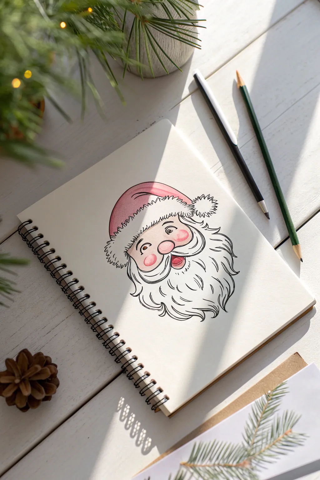Classic Santa face sketch: clean line art with a softly shaded version for easy holiday drawing.