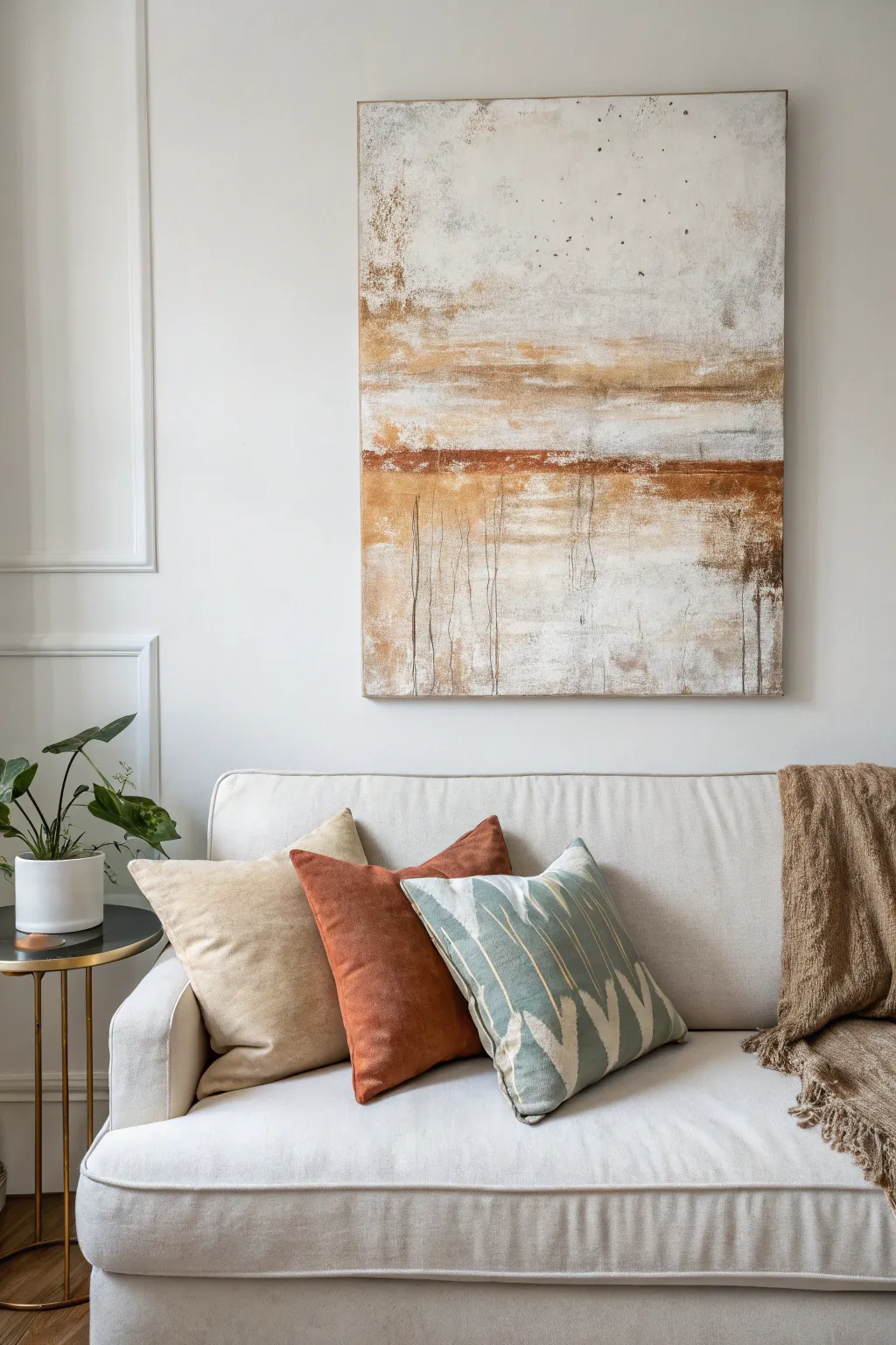 A bold neutral abstract canvas with tactile brushwork and a warm accent to tie the sofa together