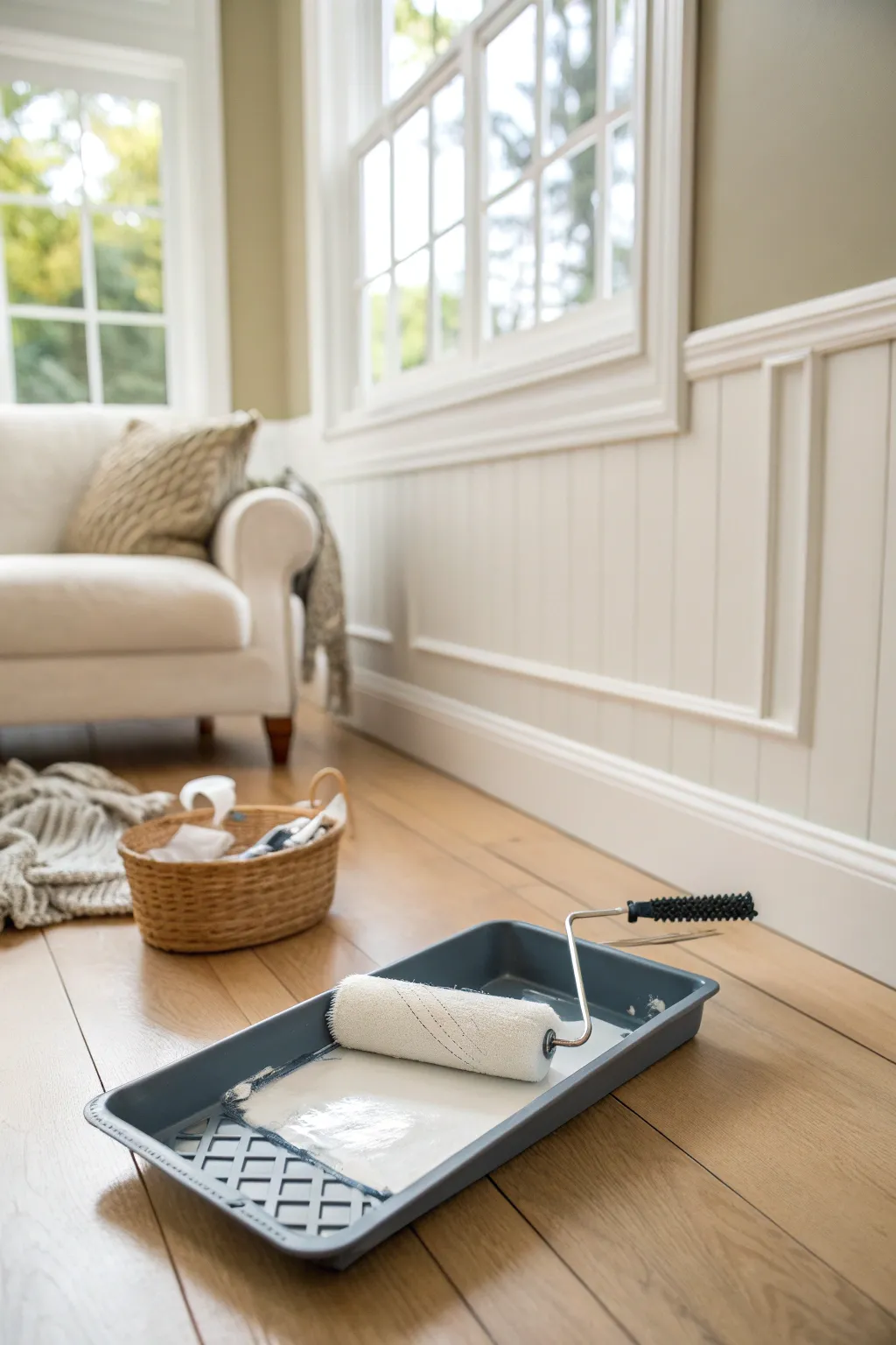 Timeless greige walls meet crisp white trim, with a simple DIY paint tray moment.