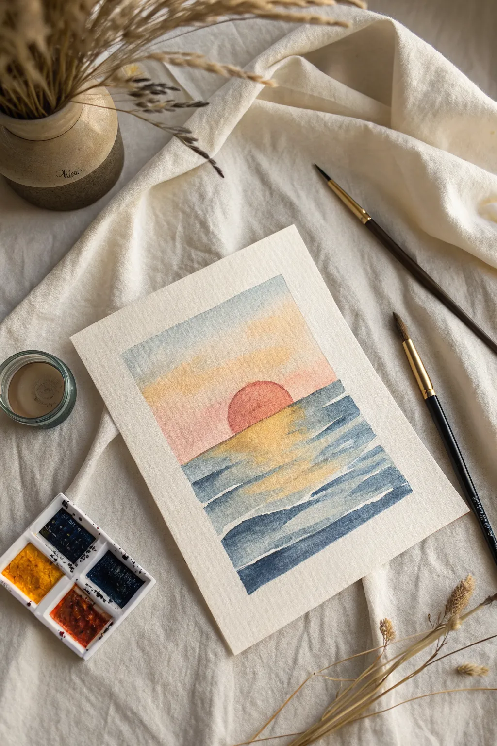 Minimal sunrise watercolor in peach and gold fading into deep blue, a quiet horizon full of hope.