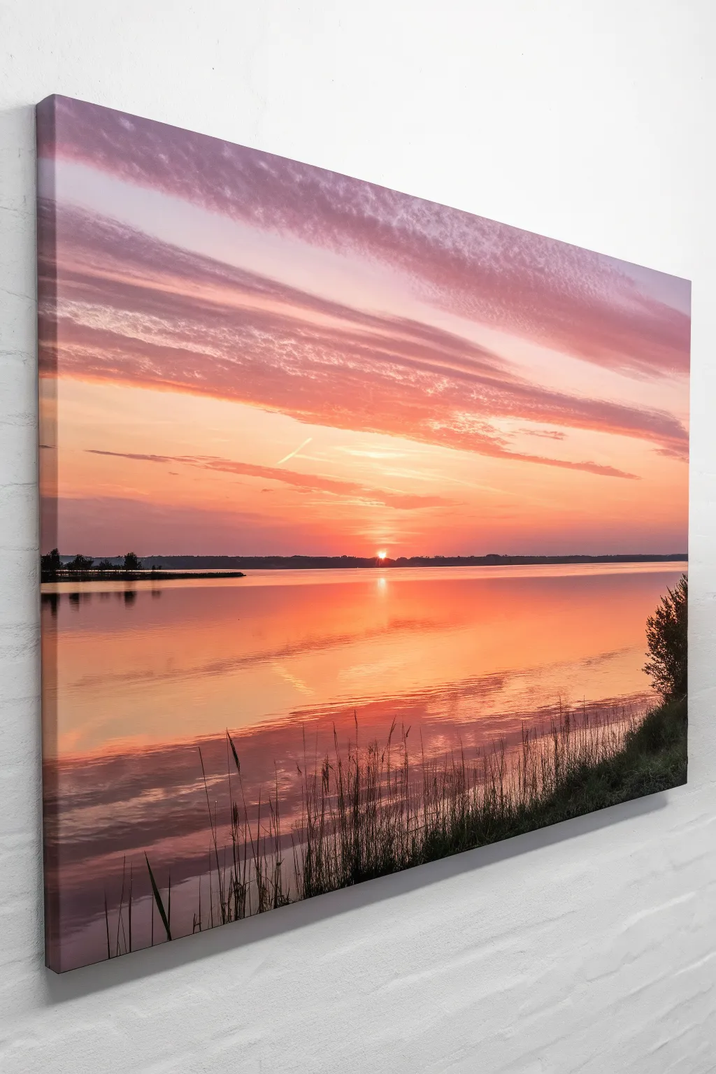 Panoramic sunset over water with a bright reflection band, perfect for horizontal canvas practice