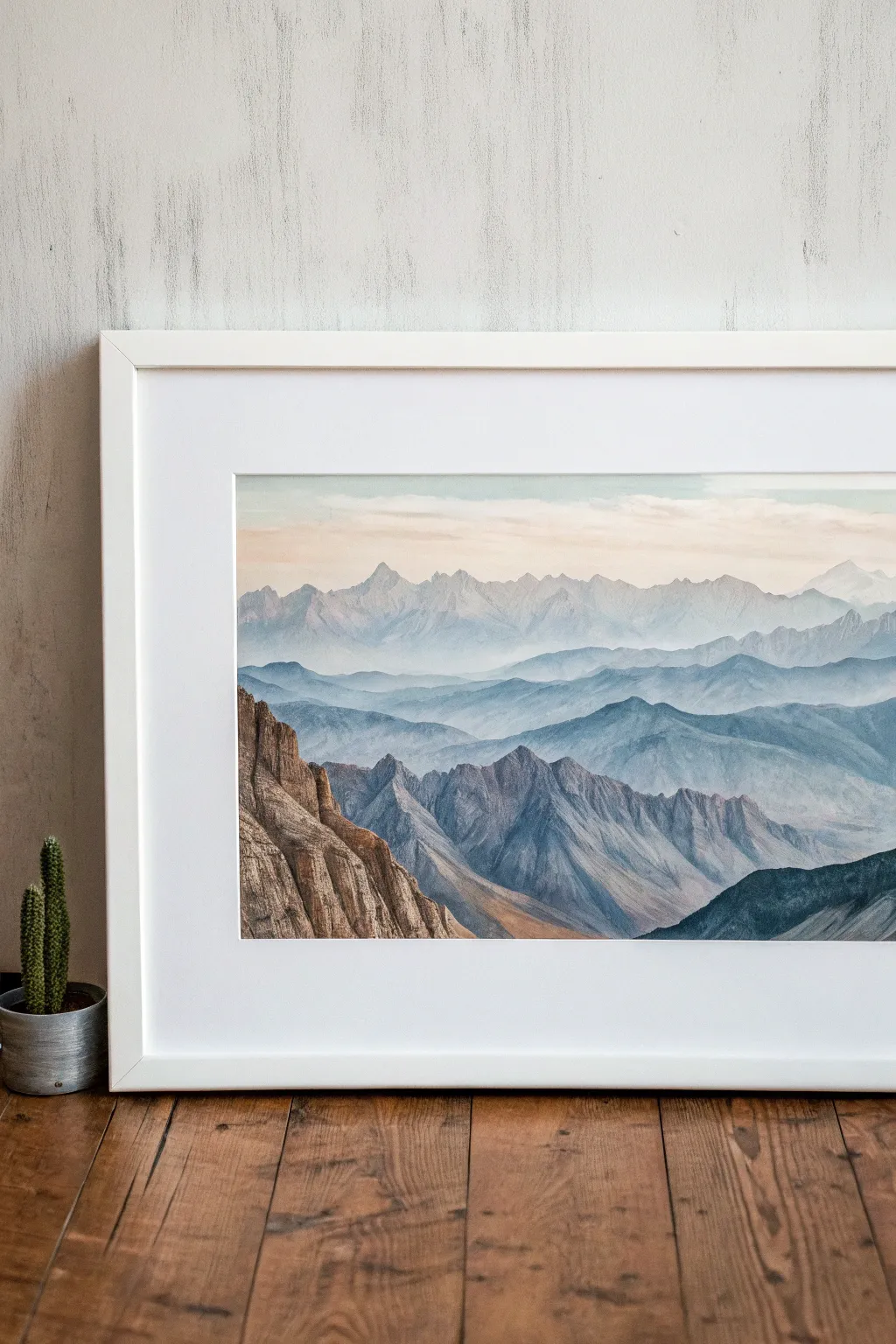 Panoramic mountain layers in airy haze, a serene horizontal painting idea with bold contrast