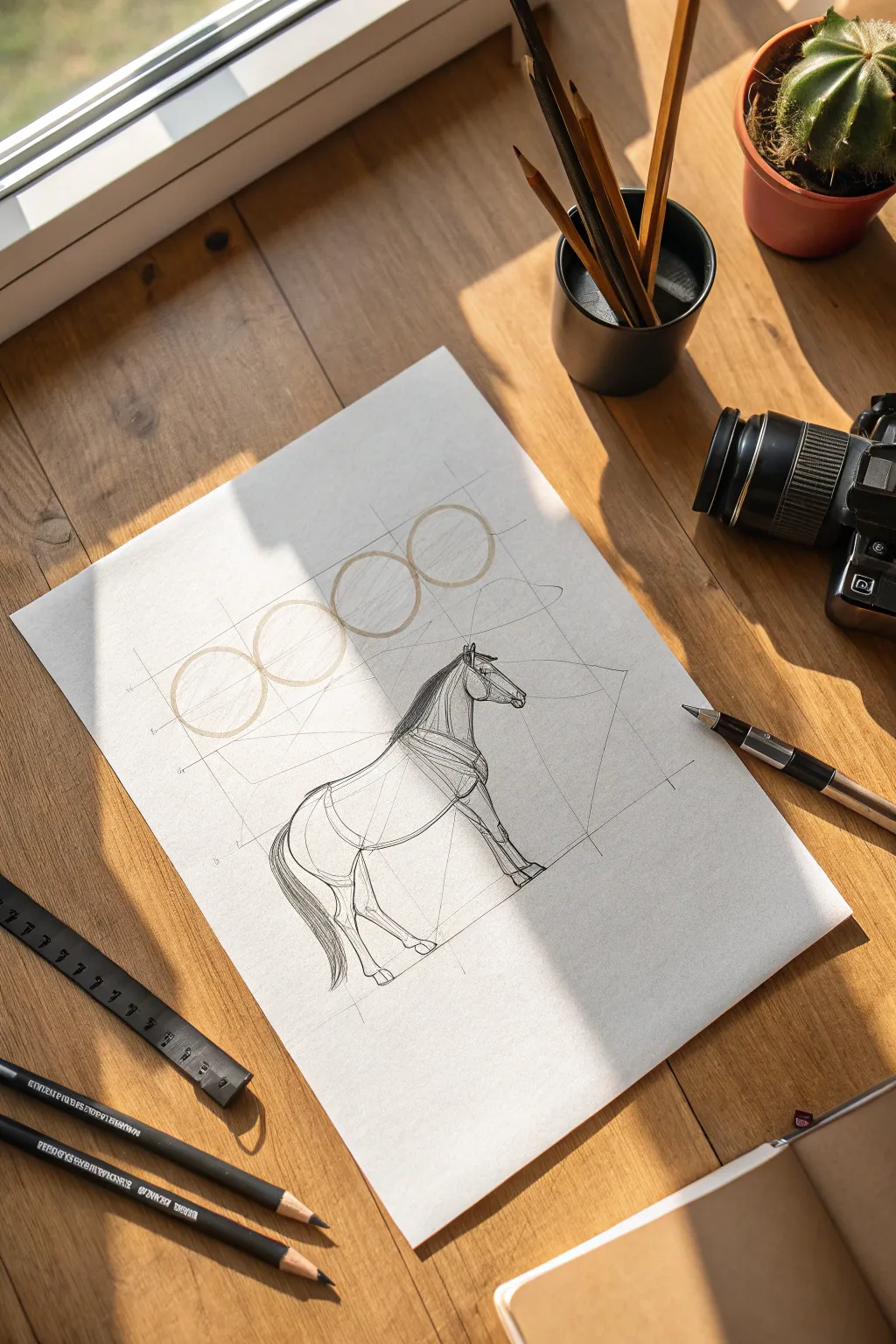 Build a simple horse outline using circles and ovals, with gentle construction lines visible.
