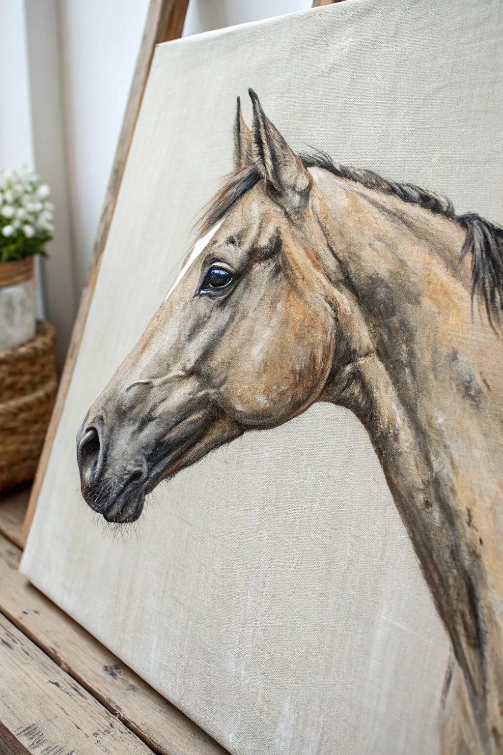 Elegant three-quarter horse head portrait with minimalist Scandinavian warmth and boho texture