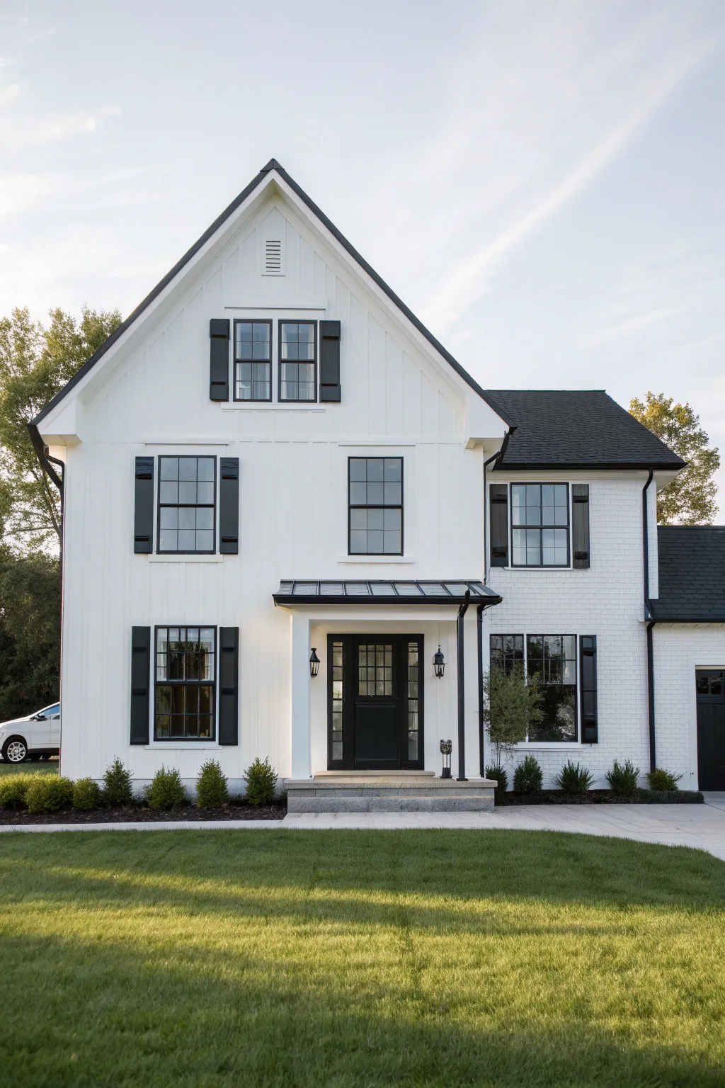Classic white facade with crisp black trim, sunlit and minimal for timeless curb appeal