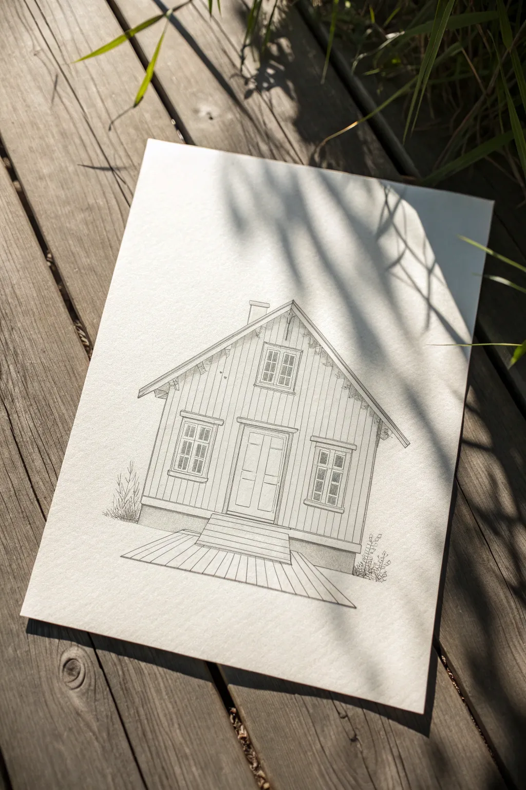 Classic front-view house sketch with clean lines and symmetry, a calming minimalist reference.