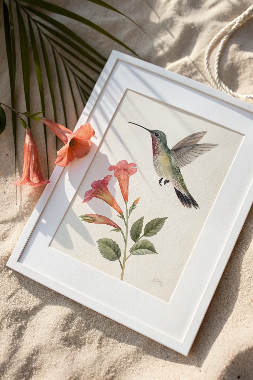 Watercolor hummingbird hovering at a coral trumpet flower, minimalist Scandinavian with boho warmth