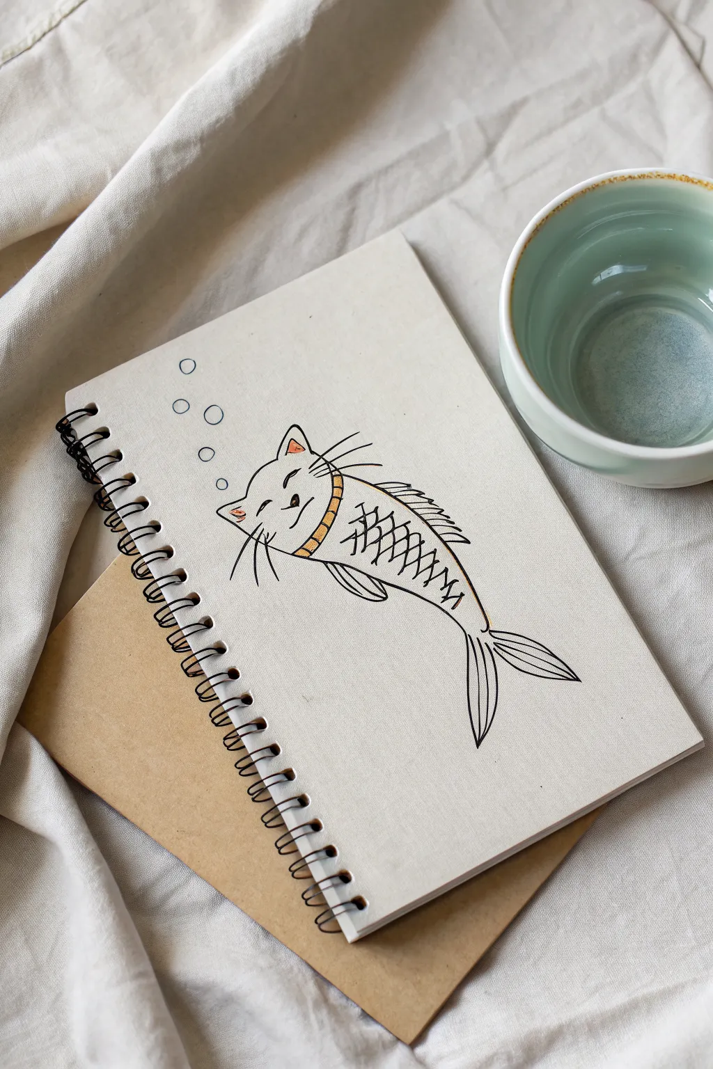 Sketch a whimsical cat-fish companion with crisp whiskers, glossy scales, and a seamless merge.