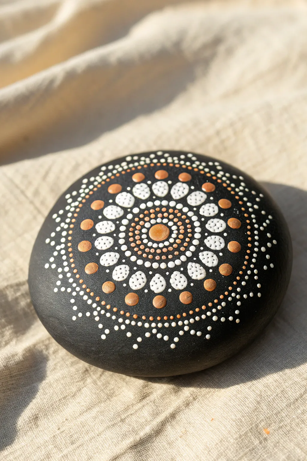 Classic mandala dot rings on a dark rock, simple and soothing, perfect for beginners