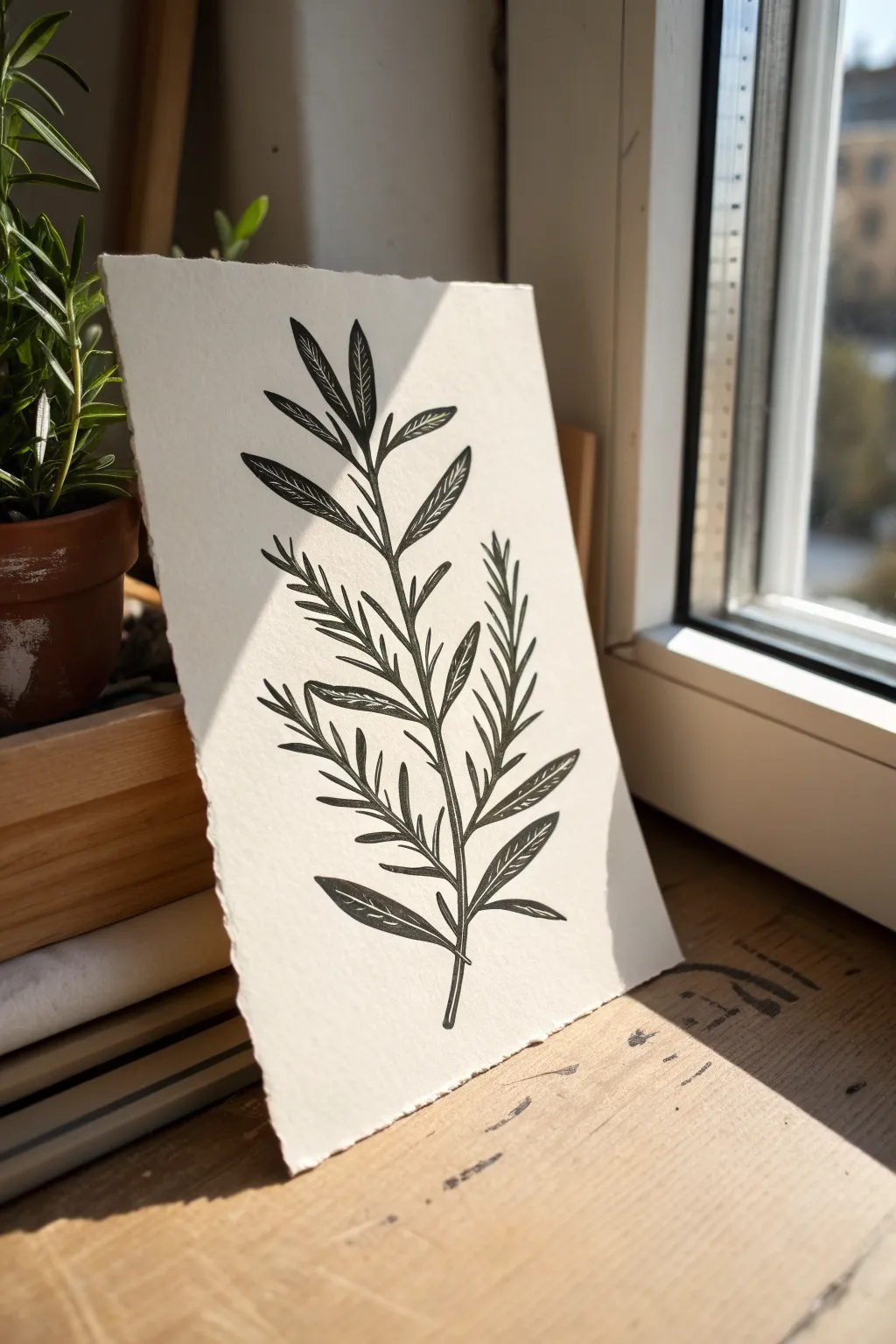 Simple linocut sprig in bold black ink, clean negative space, and calm minimalist contrast