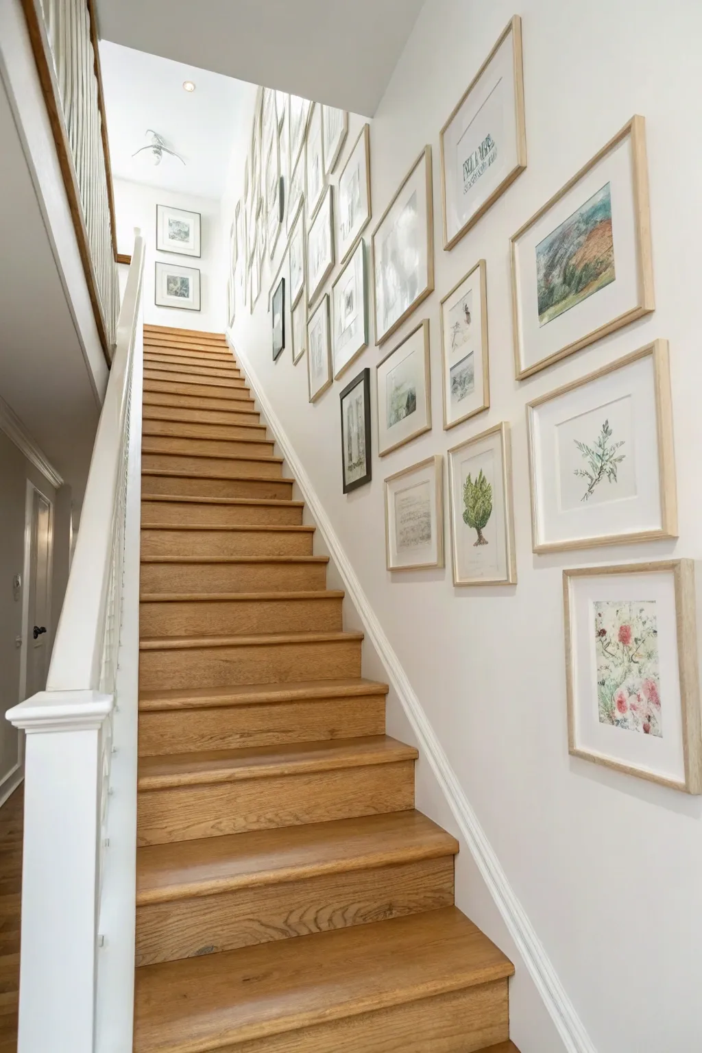 Classic stairwell gallery wall: aligned neutral frames on warm white walls with cozy oak steps