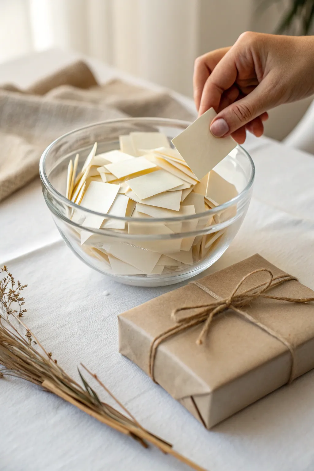 Classic raffle draw with a minimalist ticket bowl and a kraft-wrapped prize in calm boho style.