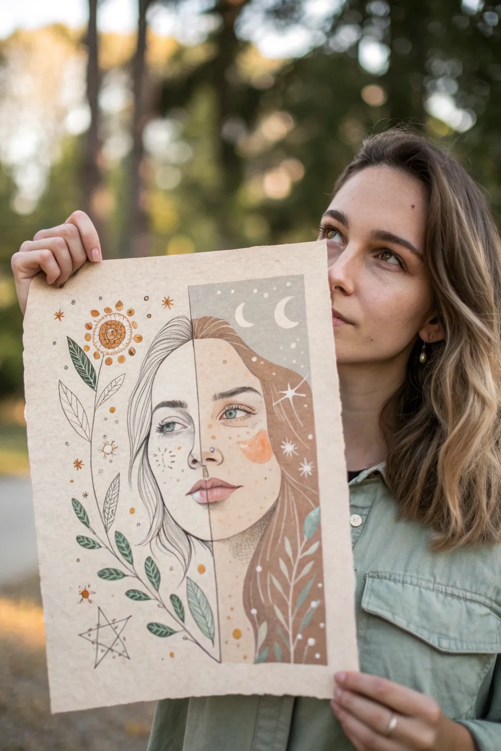 Split-face portrait idea: one calm public half, one vivid inner world of symbols and color.