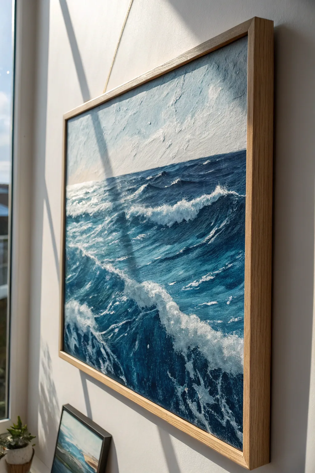 Thick palette knife foam over deep blue waves, side-lit to highlight every impasto crest.