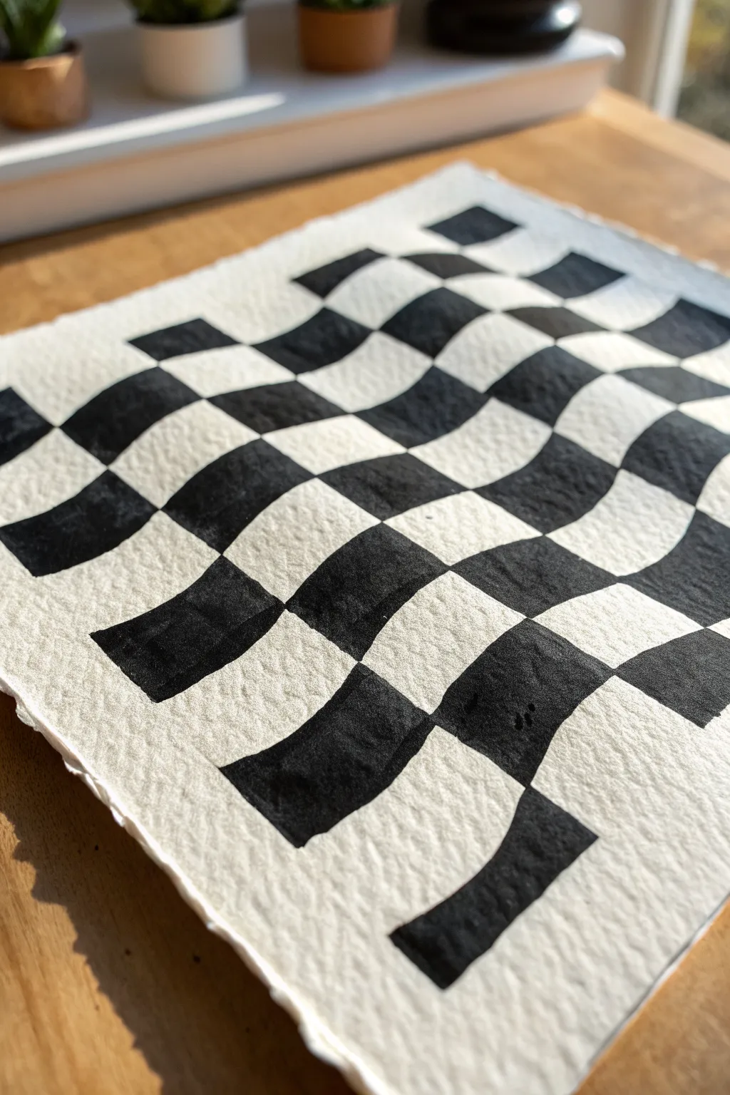 Easy indie mood: a hand-painted wavy checkerboard background in bold black and white
