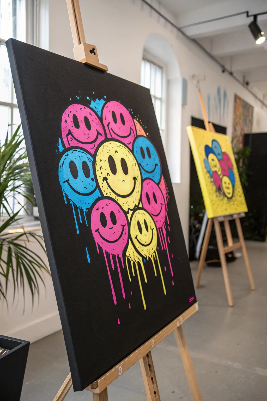 Neon warped smileys melting on matte black, bold contrast and indie-cute attitude