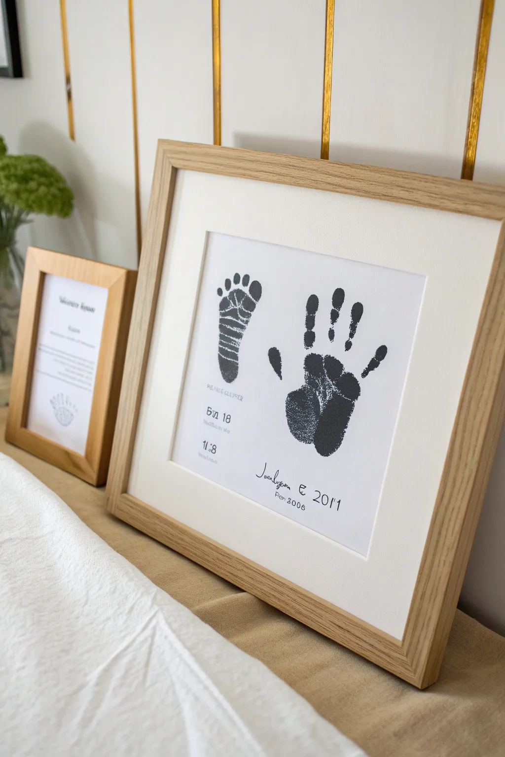 Minimalist infant handprint and footprint pair in a light oak frame, crisp black on white.