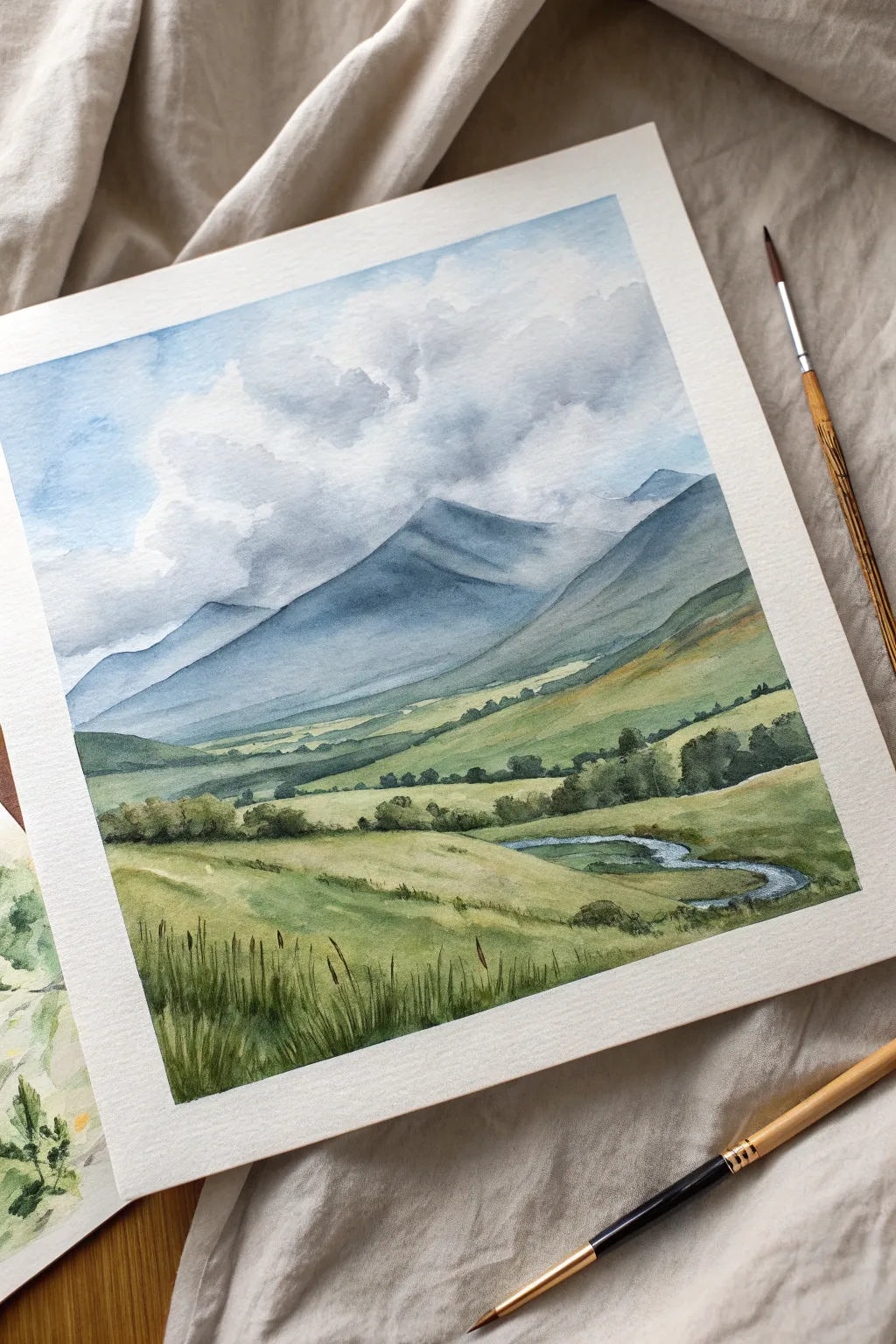 Loose emerald hills in watercolor, minimalist Irish landscape study with airy clouds.