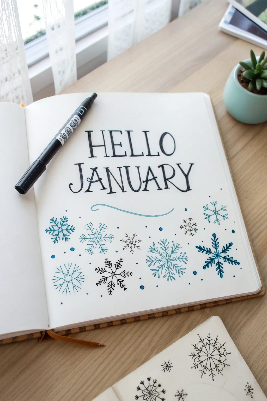 Minimalist January cover page with bold hand lettering and crisp snowflake doodles in soft winter light.