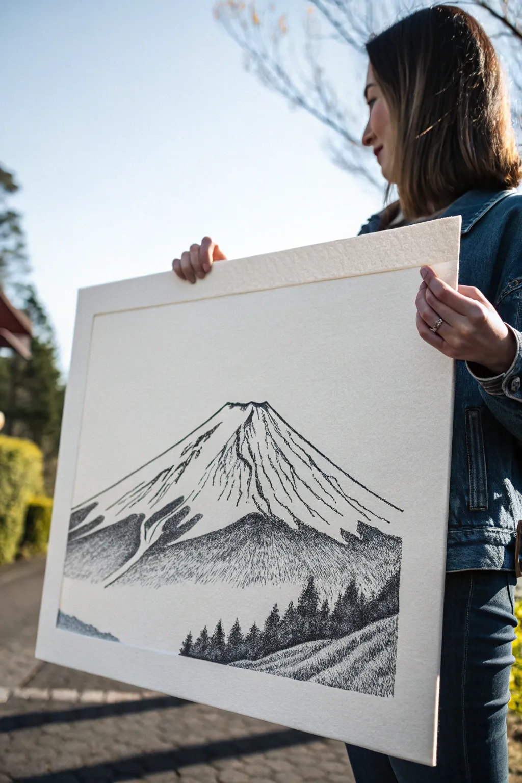 Minimal Mount Fuji line drawing with crisp snowcap and soft ink wash shadow in calm neutral tones