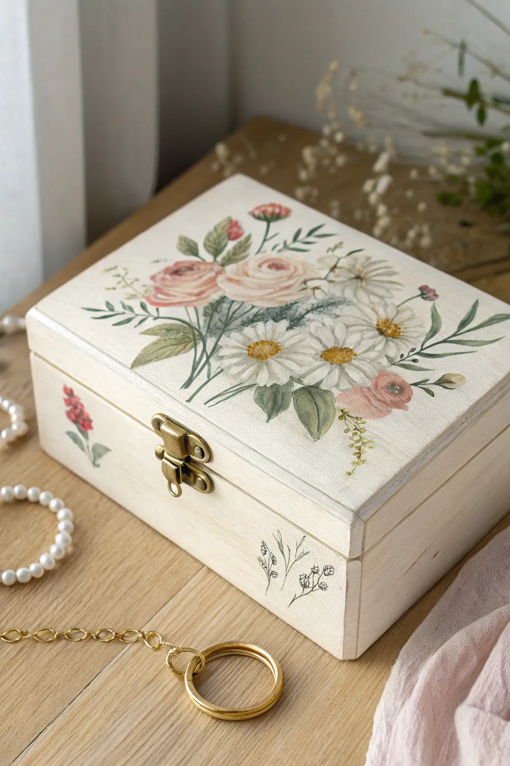 Classic floral lid bouquet on a minimalist jewelry box for a calm, handcrafted look