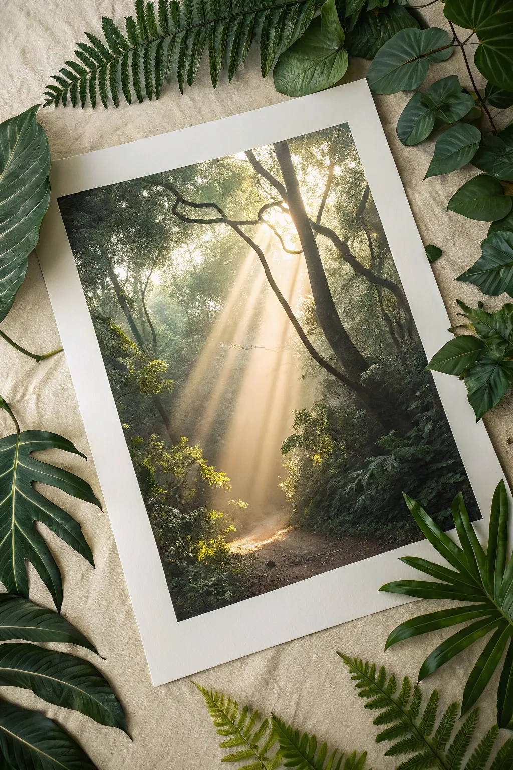Sun-dappled jungle canopy study with warm god rays, deep shadows, and minimalist boho calm