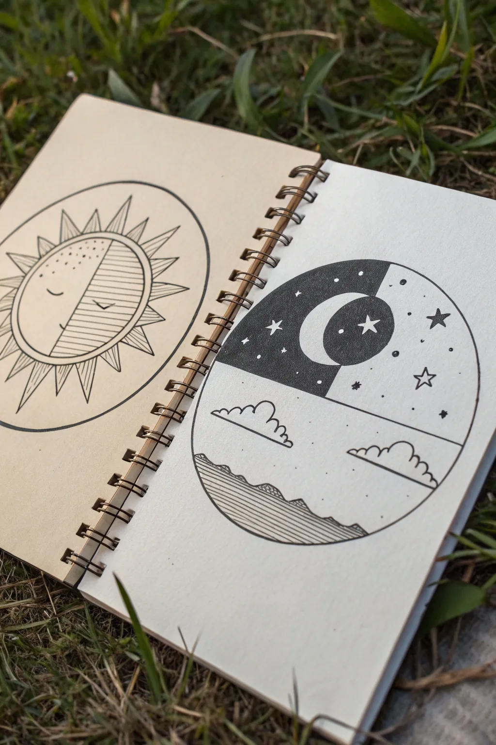 Half day, half night in one circle: minimal linework with fast light vs dark contrast.