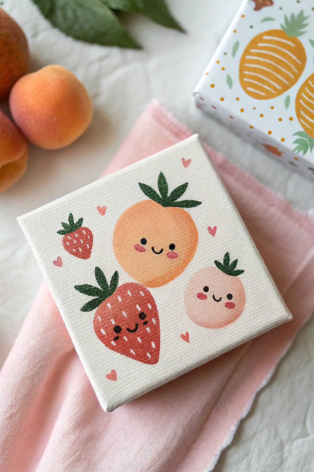 A tiny canvas of smiling kawaii fruits with rosy cheeks on soft pastels, minimal and cozy