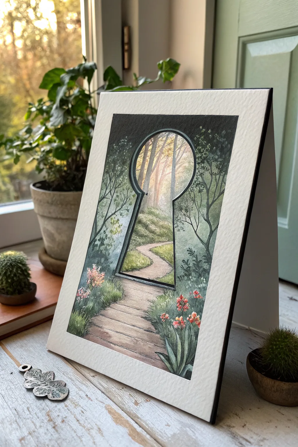 A secret garden revealed through a bold keyhole, minimal outside, lush within.