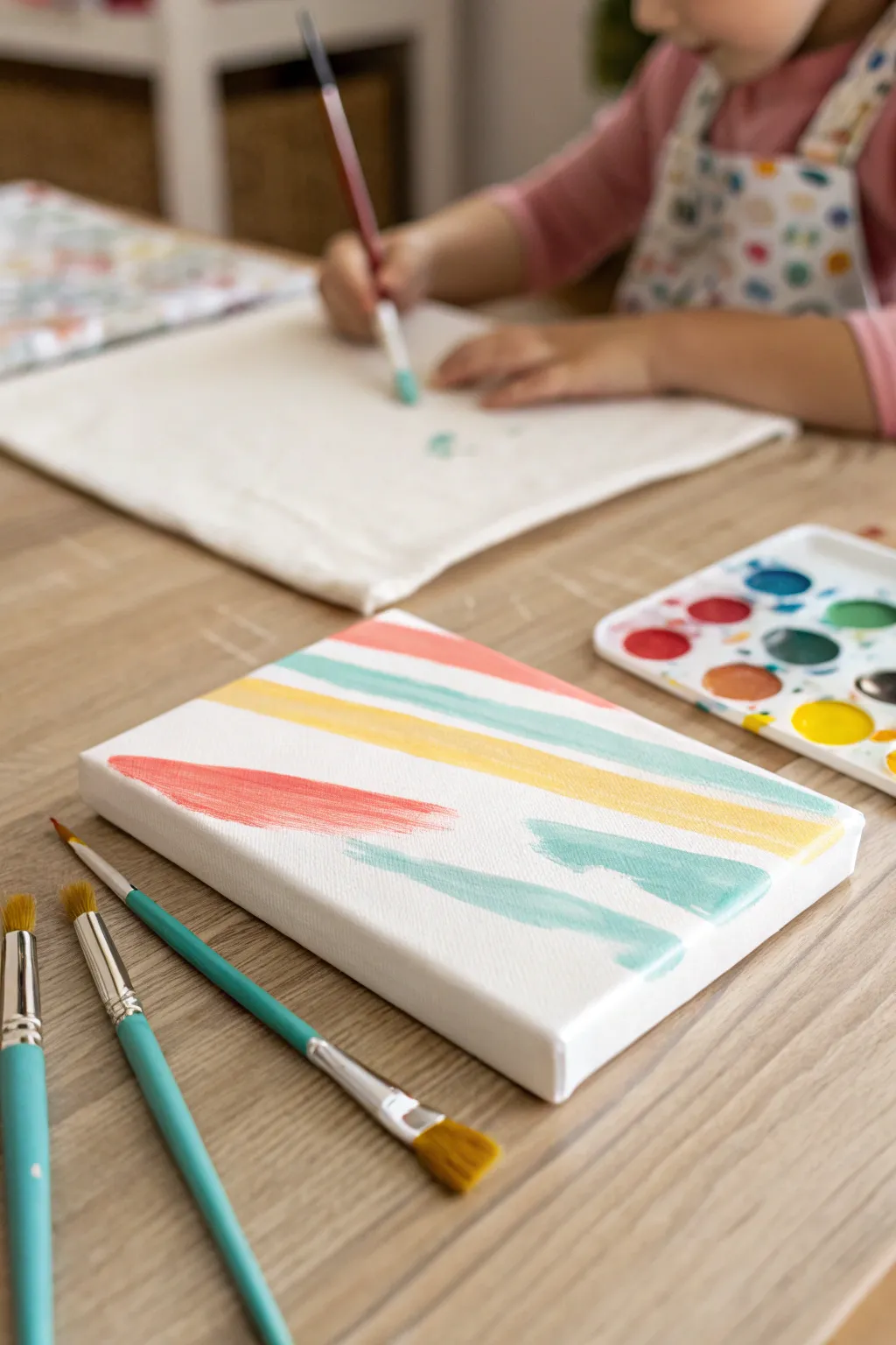 Classic canvas paint-along vibe: bright mini masterpiece in progress, neat brushes, happy hands