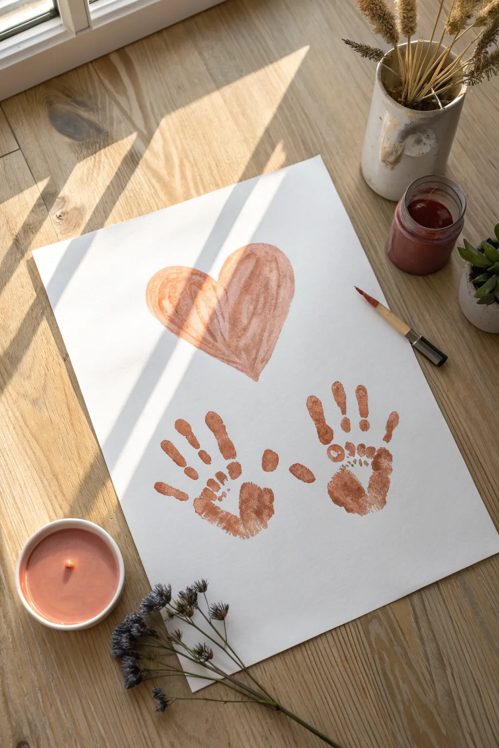 Two painted handprints form a heart, a minimalist kindness drawing idea with warm boho tones.
