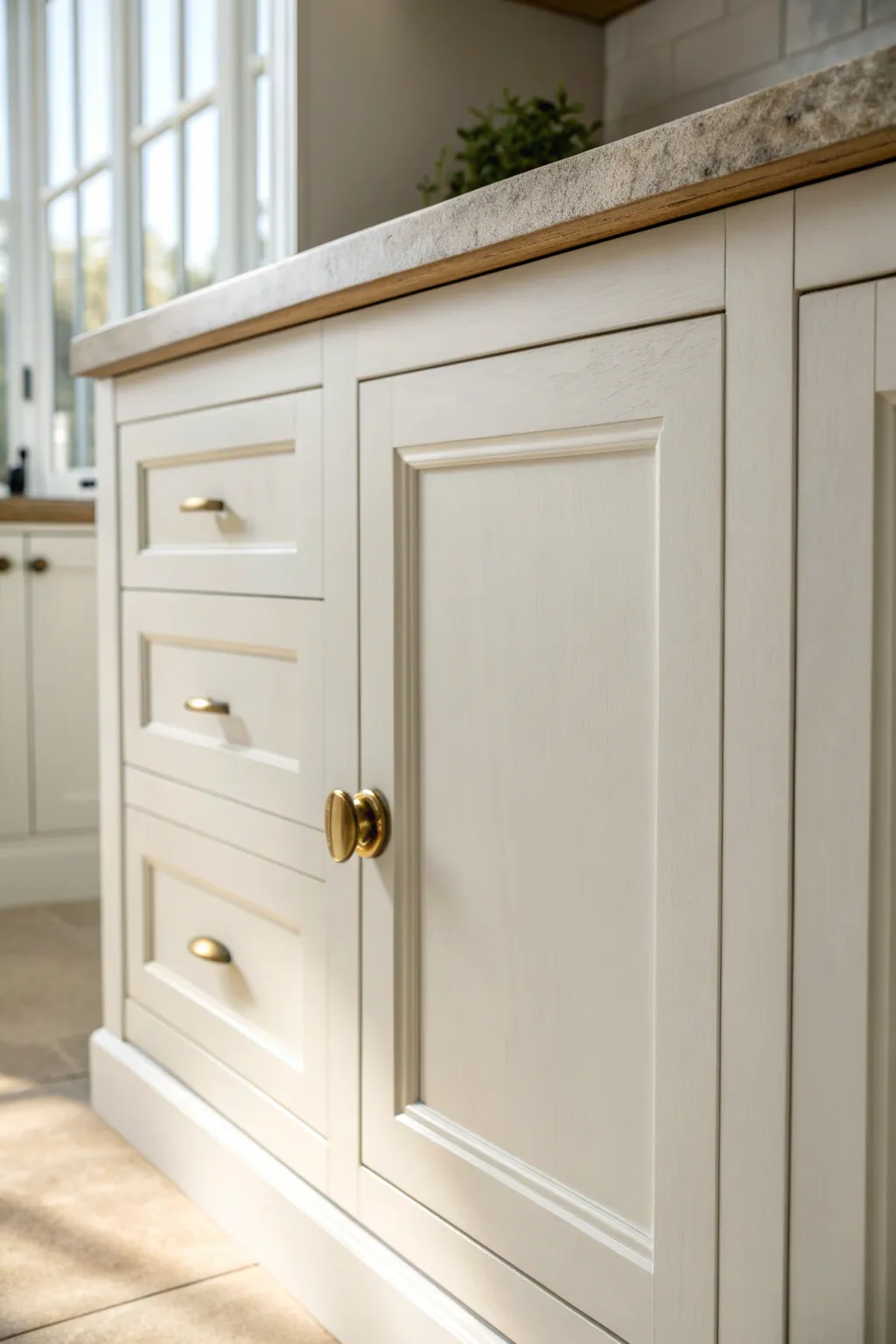 Warm white cabinets in soft daylight look timeless, inviting, and beautifully handcrafted.