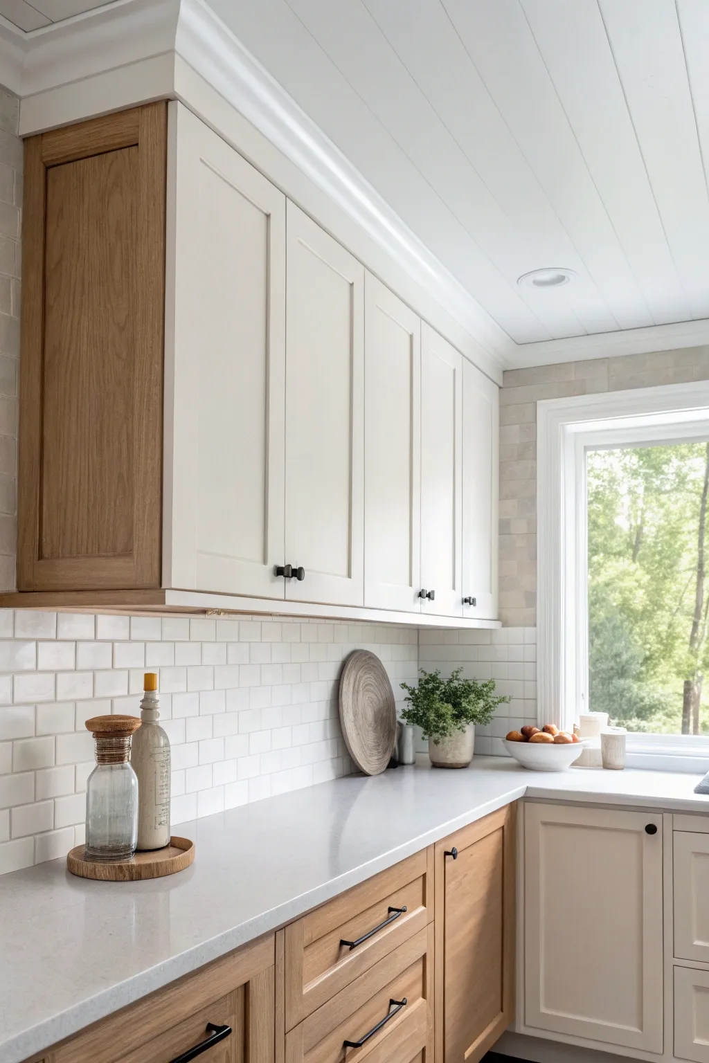 A seamless white soffit that blends into the ceiling for a clean, airy look above cabinets