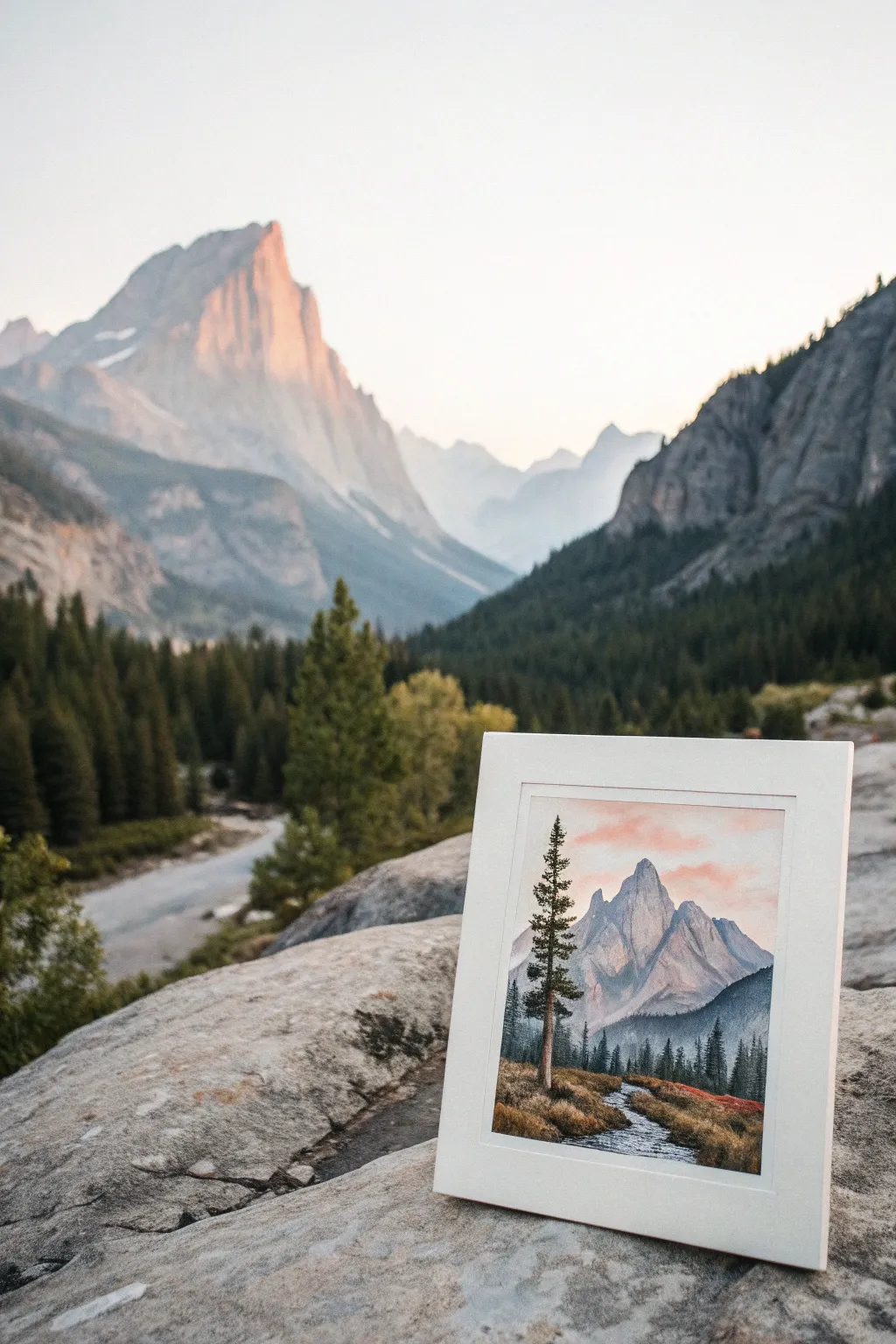 Classic mountain vista painting idea: bold shapes, soft light peak, cool shadowed ranges
