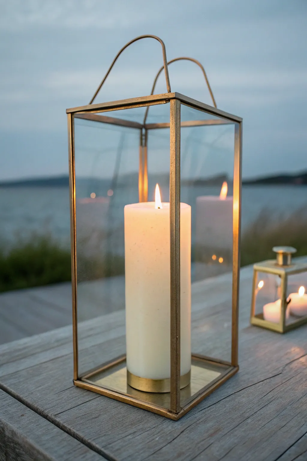 Classic pillar candle glow in a clear glass lantern, cozy dusk light with minimal styling.