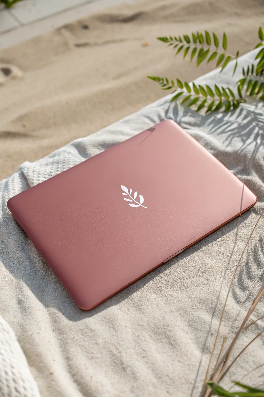 Solid-color laptop lid with a tiny hand-painted leaf icon for clean Scandinavian minimal vibes