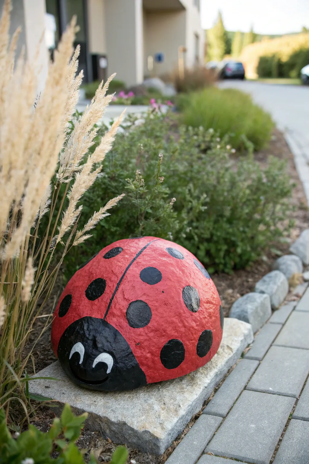 Cheerful ladybug boulder rock painting idea for a bright, minimalist garden accent