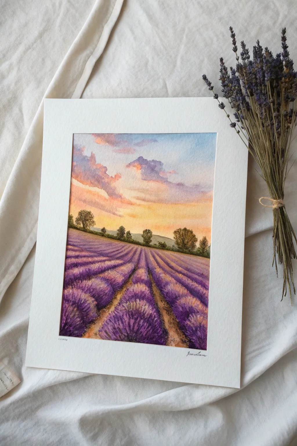 Classic lavender field at sunset with cozy chunky brushstrokes and a warm peach-gold sky.
