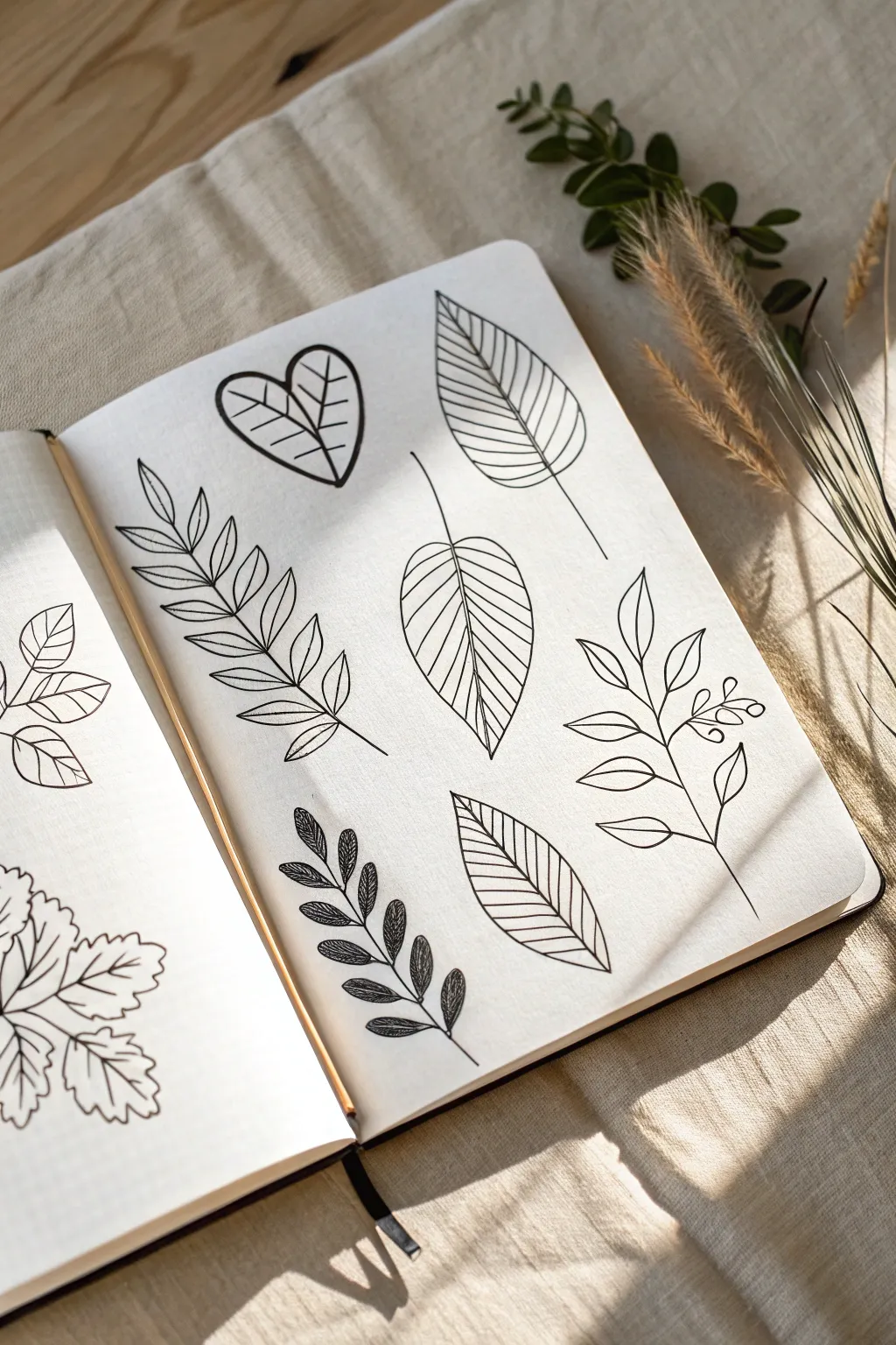 Clean leaf outline doodles in a minimalist sketchbook page, perfect for simple drawing practice