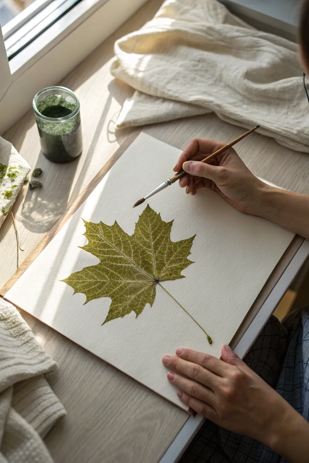 Classic leaf stamp print in progress, crisp veins on white paper with soft Scandinavian calm.