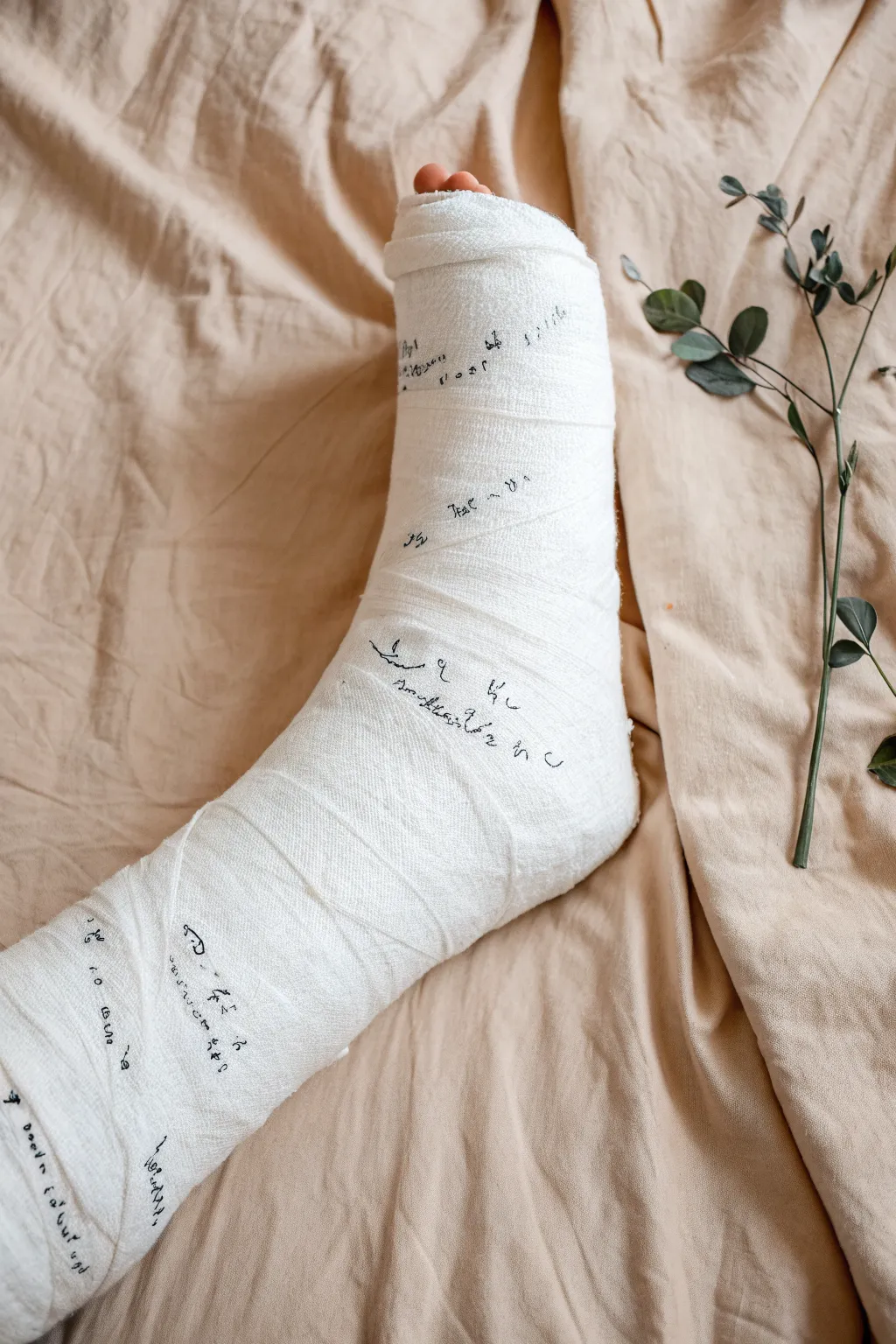 Minimalist leg cast with neat signature-style doodles and blank spots, perfect for friend notes