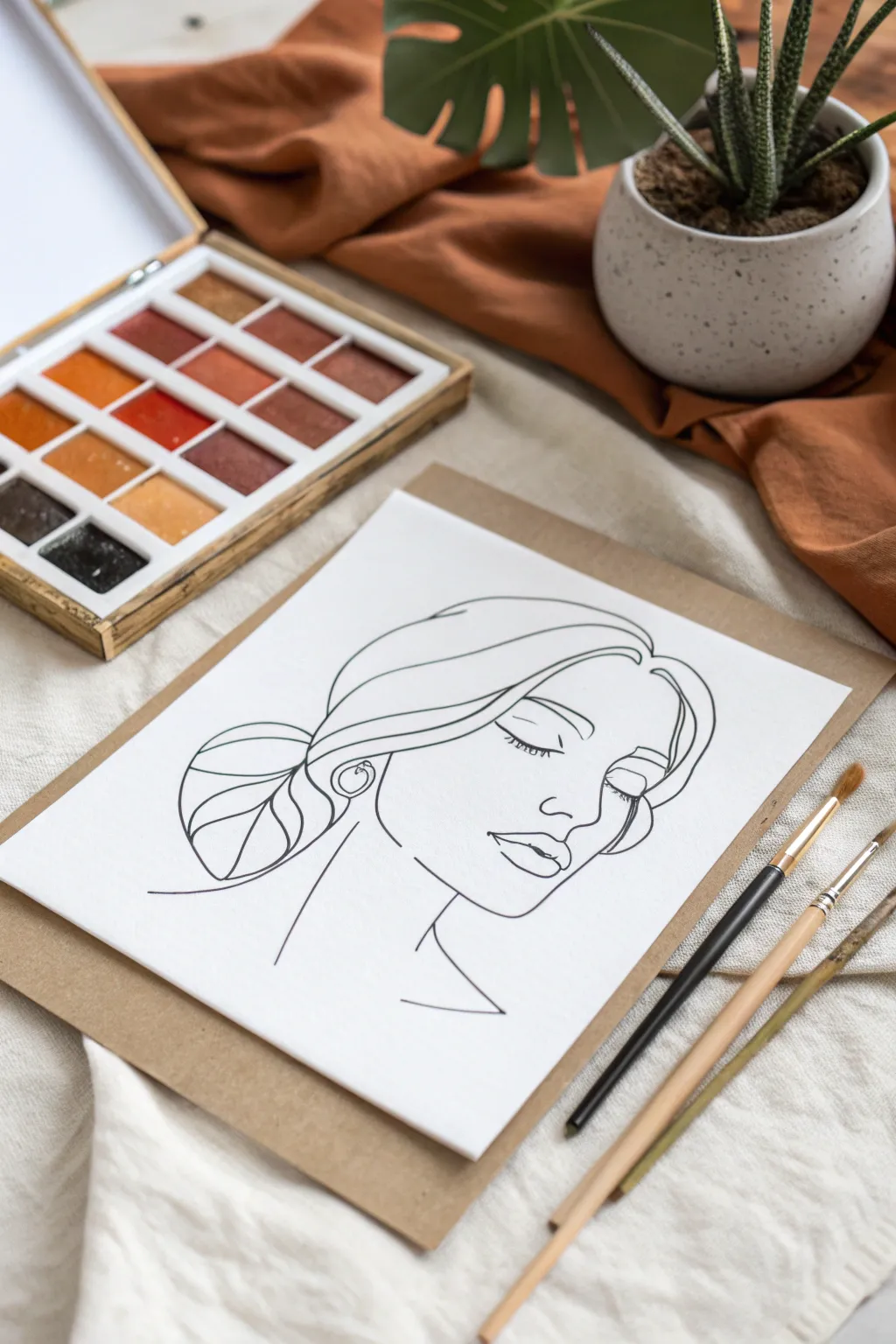 Minimal one-line face with warm neutral halo, crisp ink and flat color block contrast