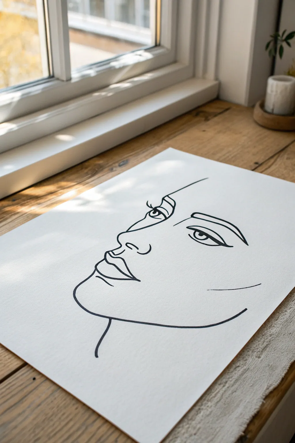 Try a continuous one-line face portrait: simple black ink on white for bold minimalist impact