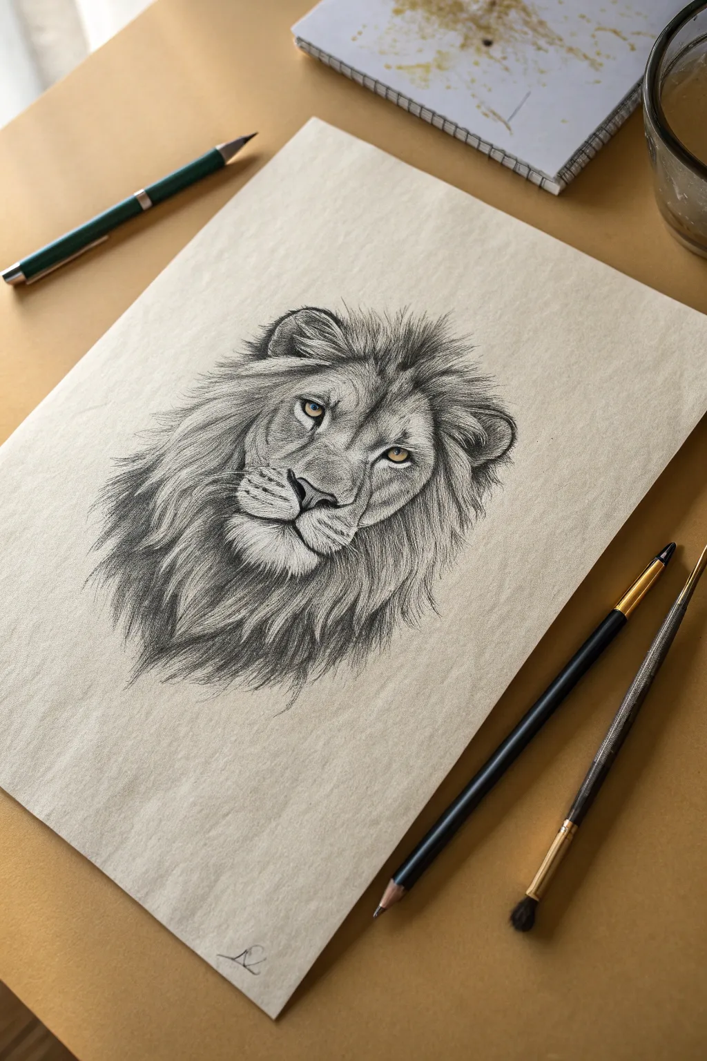 Classic front-facing lion portrait with faint guidelines, clean symmetry, and bold charcoal contrast.
